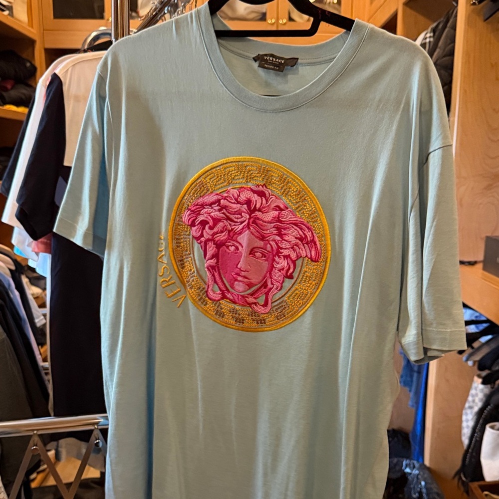 Versace Sky Blue Tee with Pink and Yellow Medusa
